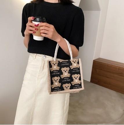 【READY STOCK】 Korean Ins Style Bear Canvas Design Tote Bag Handbag Shoulder Beg 小熊亚麻手提袋 Black